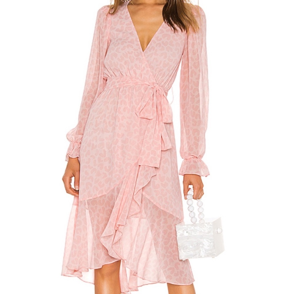 LPA REVOLVE  Ruffle Duster Pink Wrap Maxi Dress with Peasant Sleeve  Size M